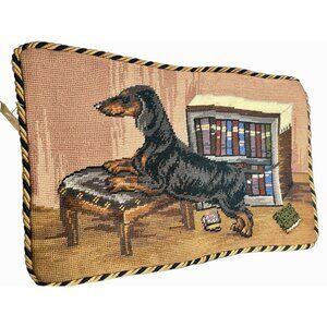 NWT Dachshund Dog Pet Needlepoint Pillow Cover 18 X 11" Piping Zipper Solid Back